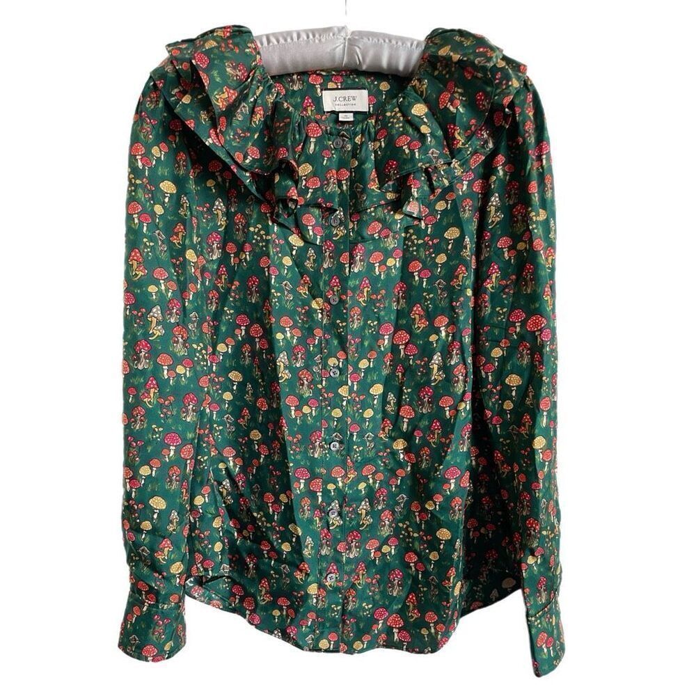 J.Crew Collection Silk-Twill Ruffle-Collar Top In Mushroom Floral